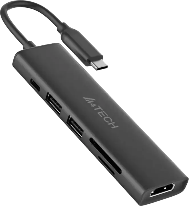 Док-станция A4Tech DST-60C 6-в-1 USB Type-C, алюминиевый корпус, HDMI 4K@60Hz, 2x USB 3.0, PD 100W, картридер SD/TF, серый