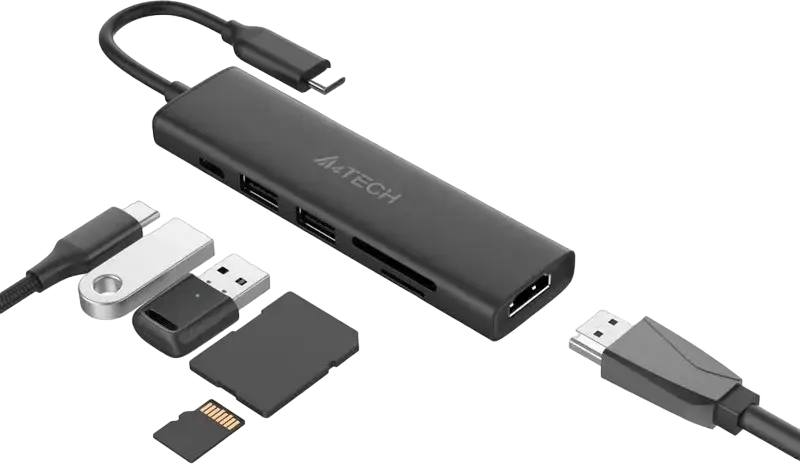 Док-станция A4Tech DST-60C 6-в-1 USB Type-C, алюминиевый корпус, HDMI 4K@60Hz, 2x USB 3.0, PD 100W, картридер SD/TF, серый