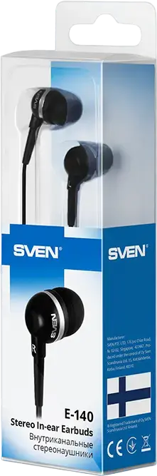 Стереонаушники внутриканальные SVEN E-140, динамический драйвер, 20Гц-20кГц, чувствительность 106дБ, 16 Ом, разъем 3.5 мм, кабель 1.2м, шумоподавление, черные