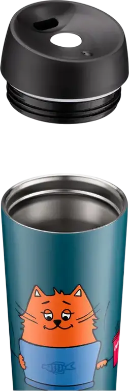 Ardesto AR2645CG Coffee Time Thermal Mug, 0.45L Stainless Steel Vacuum Flask, Red Cat Design, Blue, Button-Valve Opening, BPA Free