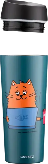 Ardesto AR2645CG Coffee Time Thermal Mug, 0.45L Stainless Steel Vacuum Flask, Red Cat Design, Blue, Button-Valve Opening, BPA Free