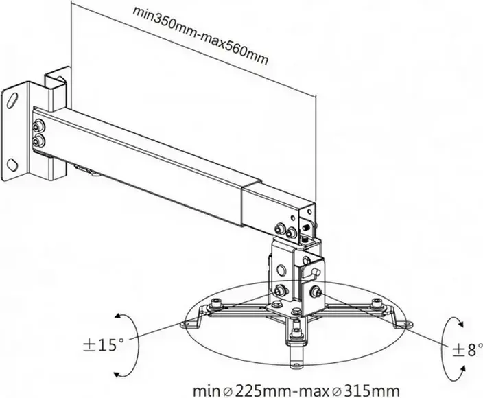 Suport Universal Proiector Reflecta Tapa, Argintiu, Bracket Plafon si Perete, Otel Vopsit Electrostatic, Max 20kg, Inaltime Reglabila, Inclinare +/-15°, Pivotare +/-8°