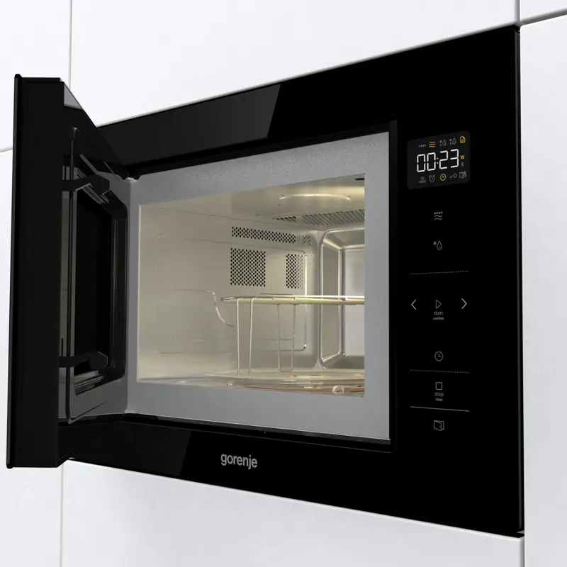 Встраиваемая микроволновая печь с грилем Gorenje BM251SG2BG, объем 25 л, мощность 900 Вт, кварцевый нагреватель, интерьер из нержавеющей стали, черный