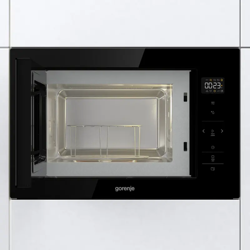 Встраиваемая микроволновая печь с грилем Gorenje BM251SG2BG, объем 25 л, мощность 900 Вт, кварцевый нагреватель, интерьер из нержавеющей стали, черный
