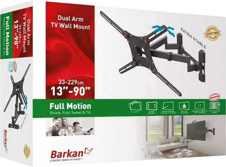 Barkan BM464 Full Motion Dual Arm TV Wall Mount for 13-90 inch Screens, VESA up to 600x400mm, Max Load 60kg, Tilt +/-15°, Black Steel