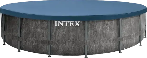 Бассейн Intex GreyWood Premium 26744 круглый с металлическим каркасом, ПВХ эффект темного дерева, 549x122 см, 24311 л, фильтр-насос Hydro Aeration и лестница