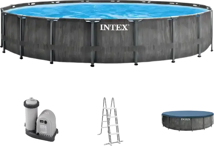 Бассейн Intex GreyWood Premium 26744 круглый с металлическим каркасом, ПВХ эффект темного дерева, 549x122 см, 24311 л, фильтр-насос Hydro Aeration и лестница