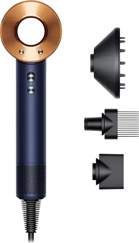 Uscător de păr Dyson Supersonic HD07, Albastru Prusac/Cupru Intens, Motor Digital V9 1600W, 4 Setări Temperatură și 3 Viteze, Ionizator, cu Accesorii de Styling Magnetice