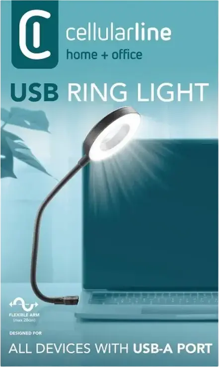Cellularline USB Ring Light LED Selfie Lamp with Flexible Adjustable Arm, Compact Portable Lighting for USB-A Devices, Black