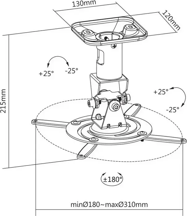 Reflecta Supvex Universal Projector Ceiling Mount, White Powder-Coated Steel, 15kg Max Load, 180-310mm Diameter, 360 Rotation, +/-25 Tilt