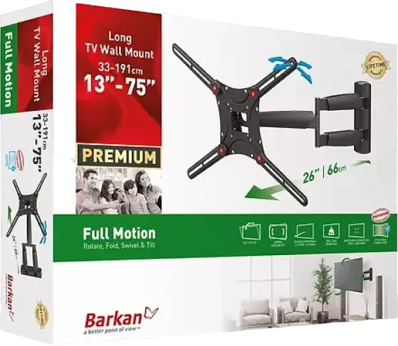 Barkan BM443 Full Motion TV Wall Mount, 13-75 inch, VESA up to 600x400mm, Max Load 43kg, Swivel Tilt Rotate Fold, Black
