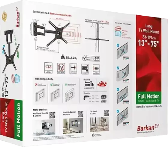 Barkan BM443 Full Motion TV Wall Mount, 13-75 inch, VESA up to 600x400mm, Max Load 43kg, Swivel Tilt Rotate Fold, Black