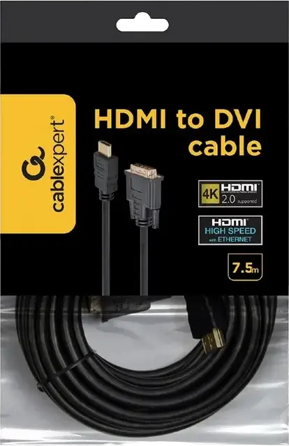 Кабель Cablexpert CC-HDMI-DVI-7.5MC HDMI - DVI-I, поддержка 4K HDMI 2.0, позолоченные коннекторы, 7.5м, черный