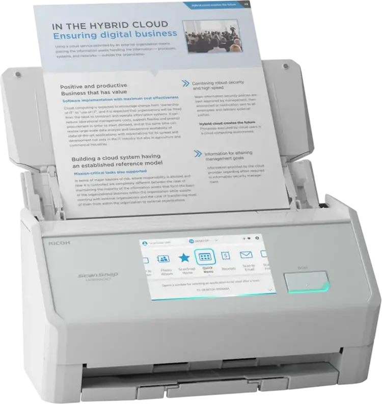 Ricoh ScanSnap iX2500 A4 Document Scanner, 90 ipm Duplex, 100-Sheet ADF, 600 dpi, 5-inch Touch Screen, Wi-Fi 6, Cloud Integration, White