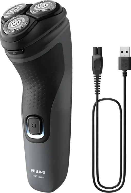 Электробритва Philips S1142/00 серии 1000, роторная система, 27 самозатачивающихся лезвий PowerCut, головки 4D Flex, работа 40 мин, моющаяся, черный/серый