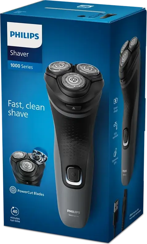 Электробритва Philips S1142/00 серии 1000, роторная система, 27 самозатачивающихся лезвий PowerCut, головки 4D Flex, работа 40 мин, моющаяся, черный/серый