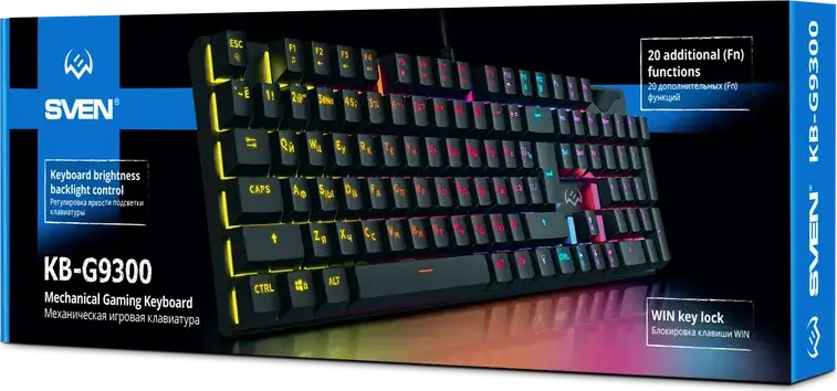 SVEN KB-G9300 Mechanical Gaming Keyboard, Blue Tactile Switches, RGB Backlight, 104 Keys, 25 Anti-ghosting, USB Wired, Textile Braid Cable, Black