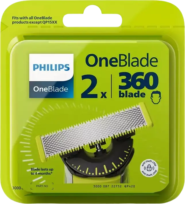 Philips OneBlade QP420/50 Set 2 Lame de Rezerva 360, Lama Flexibila din Otel Inoxidabil pentru Tundere si Barasit, Wet and Dry, Compatibila OneBlade Pro