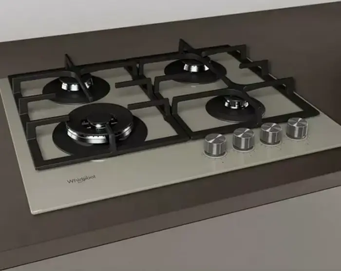 Встраиваемая газовая варочная панель Whirlpool GOFL 629, Бежевый, 4 конфорки с конфоркой WOK, поверхность из закаленного стекла, чугунные решетки, 590x510 мм