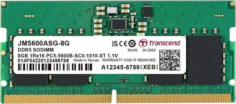 Transcend JetRam JM5600ASG-8G 8GB DDR5 5600MHz PC5-44800 SO-DIMM 262-pin CL46 1.1V Unbuffered Non-ECC Laptop Memory RAM
