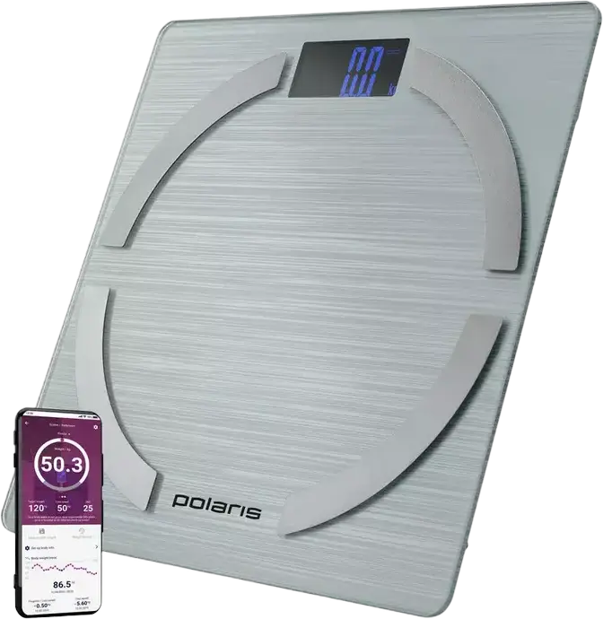 Polaris PWS 1886 IQ Home Electronic Floor Scale, 180kg Capacity, 0.1kg Precision, Bluetooth Connectivity, BMI Body Composition Analysis, Glass, Silver