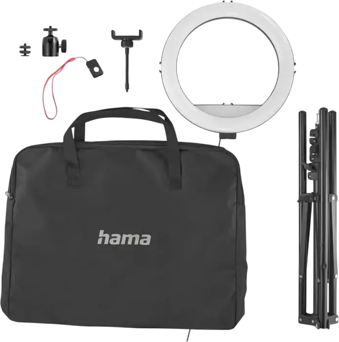 Hama SpotLight Steady 120 III LED Ring Light Set, 30 cm Diameter, 160 LEDs, 3 Color Temperatures, 215 cm Aluminum Tripod, Smartphone Holder, Black