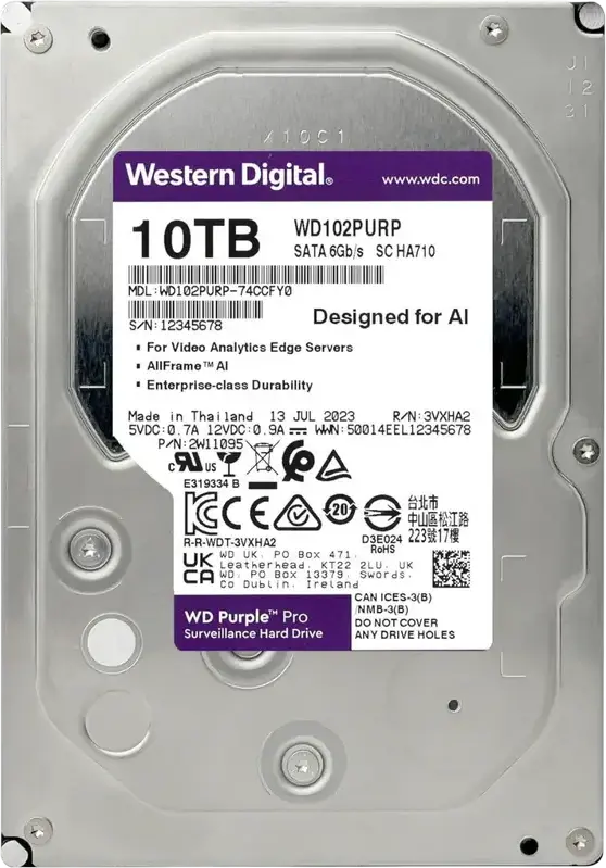 Western Digital WD Purple Pro WD102PURP 10TB 3.5-inch SATA 6Gb/s 7200RPM 512MB Cache CMR HDD pentru Supraveghere cu AllFrame AI si OptiNAND