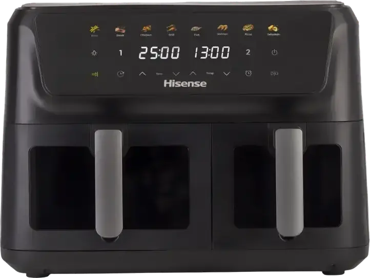 Hisense HAF2700DCD Double Basket Air Fryer, 11L Capacity, 2700W, SyncServe Mode, 8 Preset Programs, Non-stick Baskets, Touch Screen Display, Black