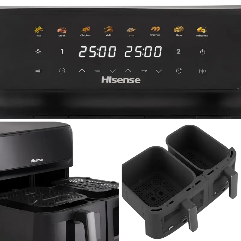 Hisense HAF2700DCD Double Basket Air Fryer, 11L Capacity, 2700W, SyncServe Mode, 8 Preset Programs, Non-stick Baskets, Touch Screen Display, Black