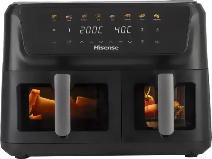 Hisense HAF2700DCD Double Basket Air Fryer, 11L Capacity, 2700W, SyncServe Mode, 8 Preset Programs, Non-stick Baskets, Touch Screen Display, Black