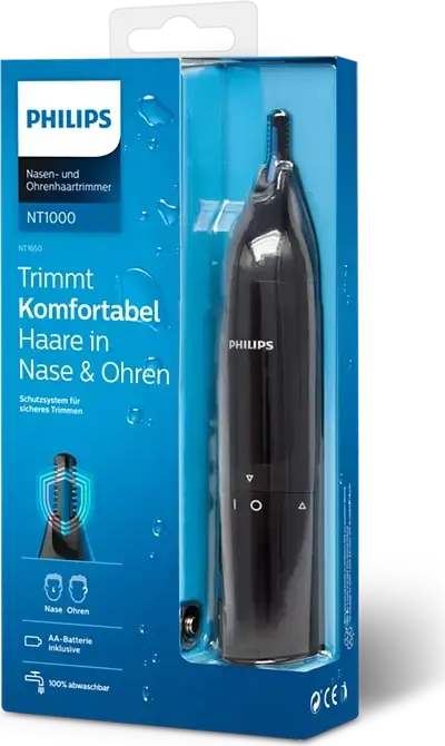 Триммер для носа, ушей и бровей Philips NT1650/16 серии 1000, лезвия из нержавеющей стали PrecisionTrim, защитная система, моющийся, черный