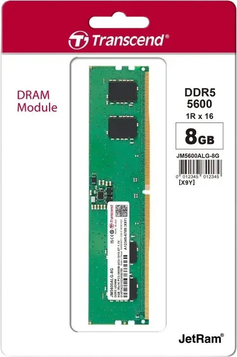 Transcend JetRam JM5600ALG-8G 8GB DDR5 5600 MT/s RAM Module, CL46 1.1V Unbuffered Long-DIMM UDIMM 288-pin with On-die ECC and PMIC