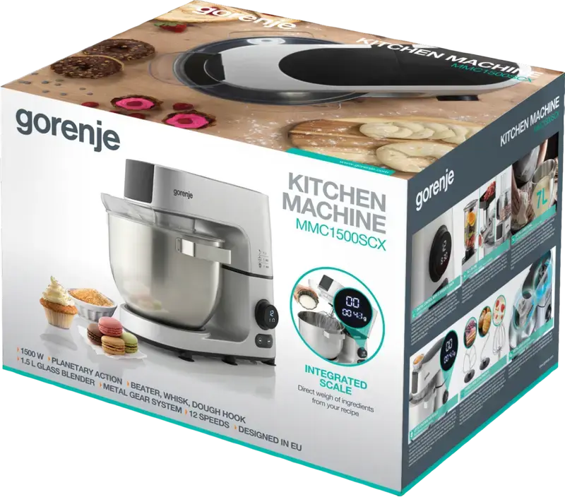Gorenje MMC1500SCX Kitchen Machine, 1500W, 7L Stainless Steel Bowl, LED Display, Full Metal Gear, with Blender, Meat Grinder and Food Processor