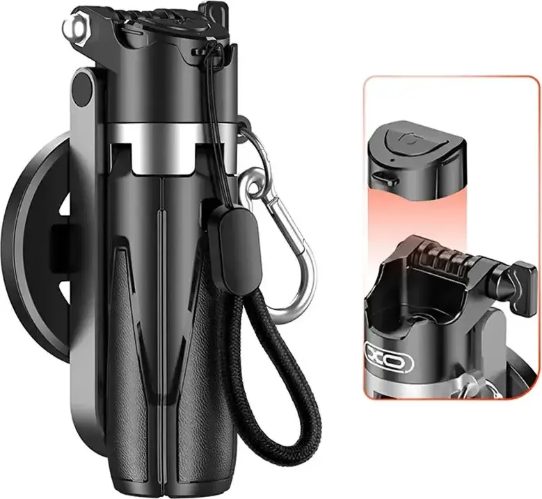 XO SS22 Mini Grip Quadripod Portable 4-in-1 Selfie Stick Tripod, Bluetooth 5.2, Magnetic MagSafe Mount, 360 Rotation, 115cm Max Length, Black