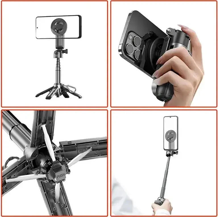 XO SS22 Mini Grip Quadripod Portable 4-in-1 Selfie Stick Tripod, Bluetooth 5.2, Magnetic MagSafe Mount, 360 Rotation, 115cm Max Length, Black
