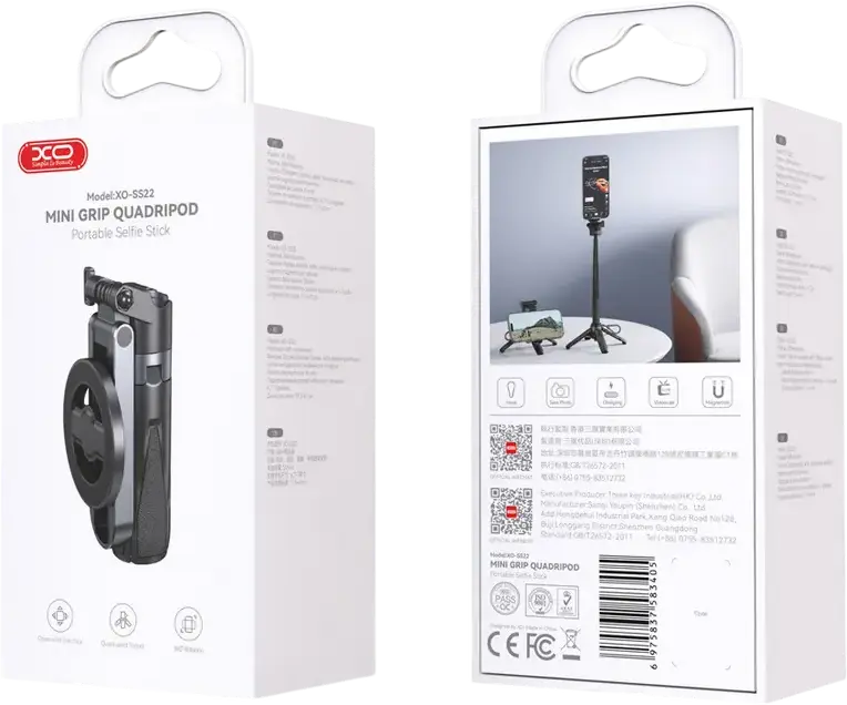 XO SS22 Mini Grip Quadripod Portable 4-in-1 Selfie Stick Tripod, Bluetooth 5.2, Magnetic MagSafe Mount, 360 Rotation, 115cm Max Length, Black