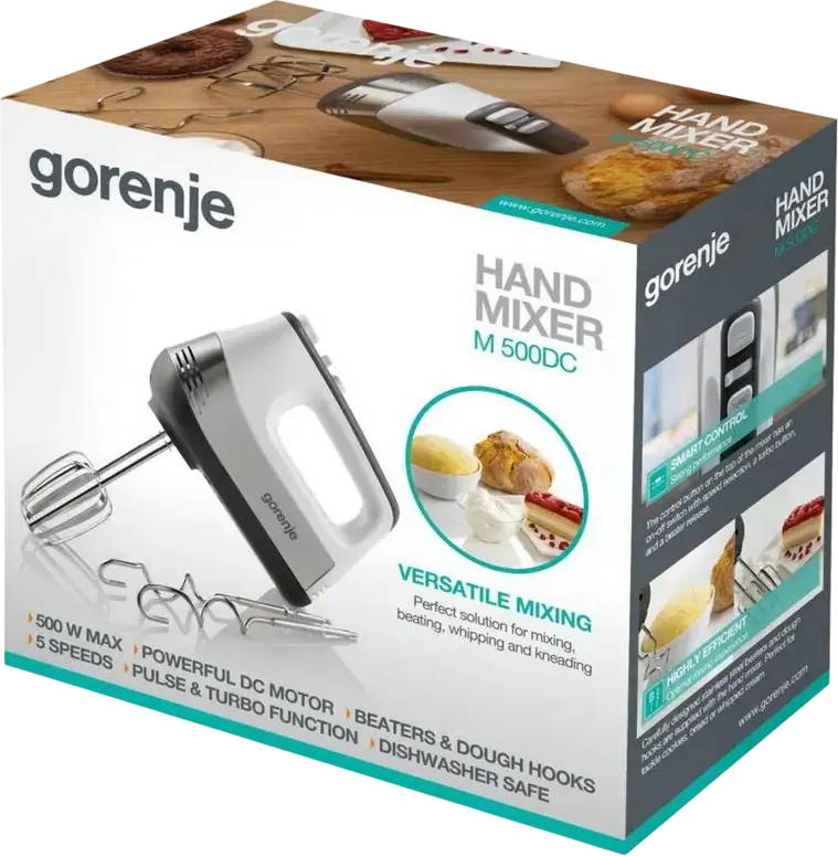 Gorenje M500DC Hand Mixer 500W DC Motor, 5 Speed Levels with Turbo and Pulse Modes, Stainless Steel Beaters and Dough Hooks, White and Silver