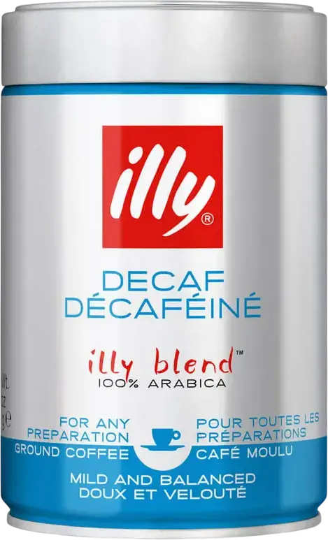 Cafea Macinată illy Classico Decaf, 100% Arabica, Prăjire Medie, Aromă Fină și Catifelată cu Note de Caramel și Ciocolată, Cutie Metalică 250g