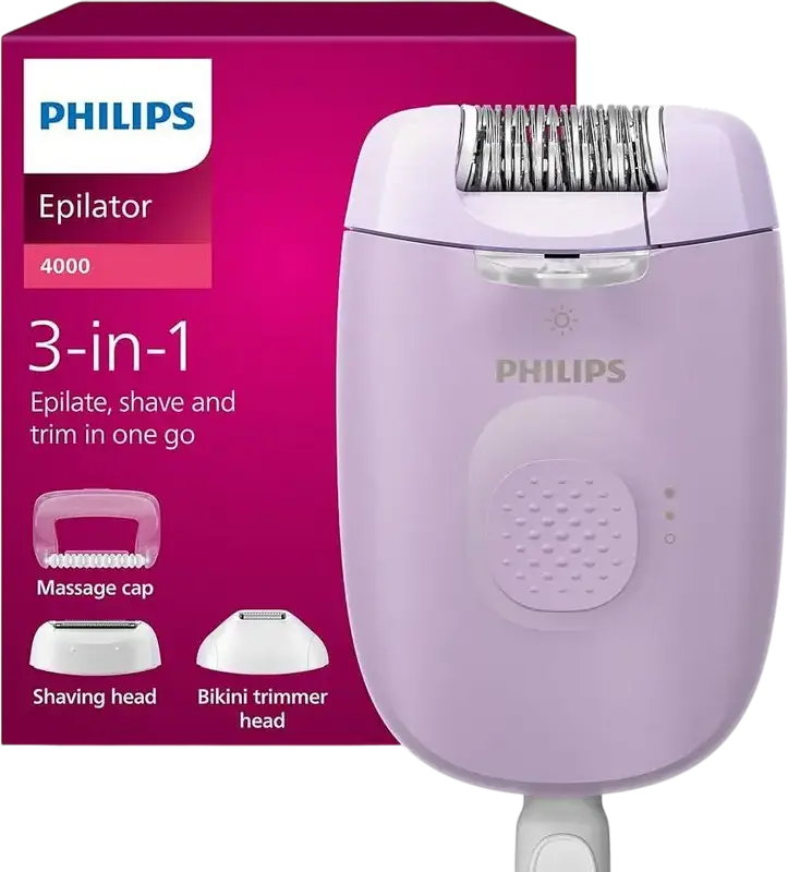Epilator cu fir Philips BRE257/00 Series 4000, 20 Pense, Lumina LED, Capete de Rasit si Trimere, Capac de Masaj, Violet
