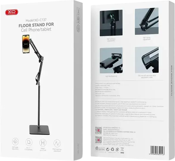 Suport de Podea XO C137 pentru Smartphone-uri si Tablete, Inaltime Reglabila 135cm, Otel Carbon cu Bracket Rotativ pentru Vlogging si Livestreaming