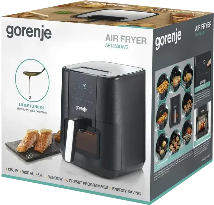 Gorenje AF1350DWB Air Fryer, 5.4L Non-stick Bowl, 1350W, Digital Touch Control with Viewing Window and 8 Pre-set Programs, Black