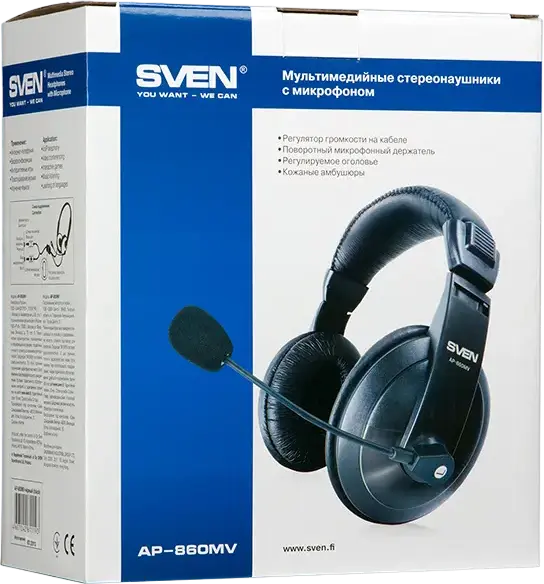 SVEN AP-860MV Wired Over-Ear Stereo Headphones, Dynamic Drivers 20Hz-22kHz, Integrated Unidirectional Boom Microphone, Fabric Braided Cable, Black