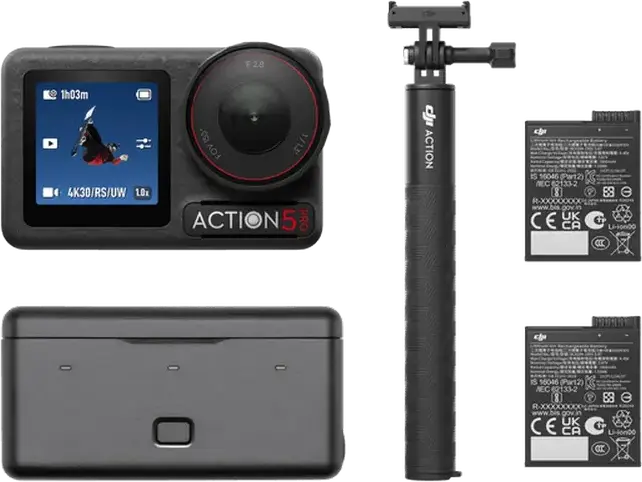 DJI Osmo Action 5 Pro Adventure Combo Action Camera, 4K 120fps, 1/1.3-inch CMOS Sensor, RockSteady 3.0, 64GB Internal Storage, IP68 Waterproof 20m, Black