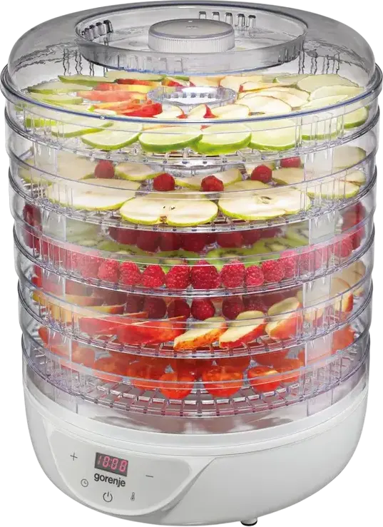 Gorenje FDK24DW Food Dehydrator, 5 Trays (31 cm), Digital LED Display, Adjustable Tray Height, Temperature 35-70°C, White Plastic Case