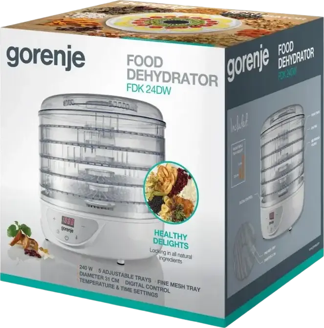 Gorenje FDK24DW Food Dehydrator, 5 Trays (31 cm), Digital LED Display, Adjustable Tray Height, Temperature 35-70°C, White Plastic Case