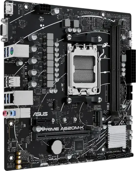 Материнская плата ASUS PRIME A620M-K Micro-ATX, сокет AMD AM5, чипсет A620, DDR5 7200+ МГц (OC), PCIe 4.0, M.2 NVMe, HDMI 2.1, VGA, Aura Sync