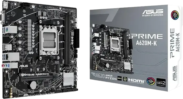Материнская плата ASUS PRIME A620M-K Micro-ATX, сокет AMD AM5, чипсет A620, DDR5 7200+ МГц (OC), PCIe 4.0, M.2 NVMe, HDMI 2.1, VGA, Aura Sync
