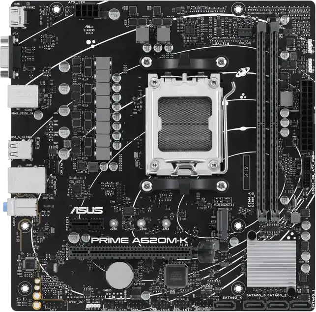 Материнская плата ASUS PRIME A620M-K Micro-ATX, сокет AMD AM5, чипсет A620, DDR5 7200+ МГц (OC), PCIe 4.0, M.2 NVMe, HDMI 2.1, VGA, Aura Sync