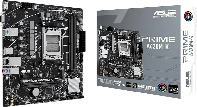 Материнская плата ASUS PRIME A620M-K Micro-ATX, сокет AMD AM5, чипсет A620, DDR5 7200+ МГц (OC), PCIe 4.0, M.2 NVMe, HDMI 2.1, VGA, Aura Sync