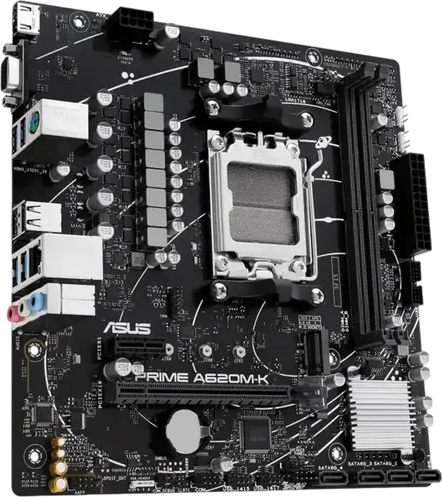 Материнская плата ASUS PRIME A620M-K Micro-ATX, сокет AMD AM5, чипсет A620, DDR5 7200+ МГц (OC), PCIe 4.0, M.2 NVMe, HDMI 2.1, VGA, Aura Sync